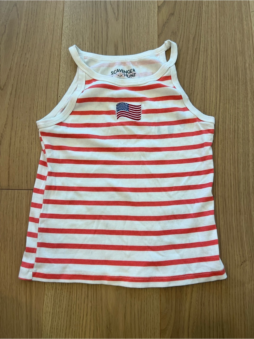 Red & White Striped Tank Top with Flag Patch
